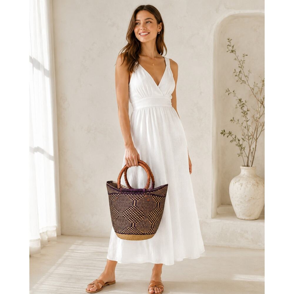 Bolga U-shopping basket| Wicker shopper Natural and purple color